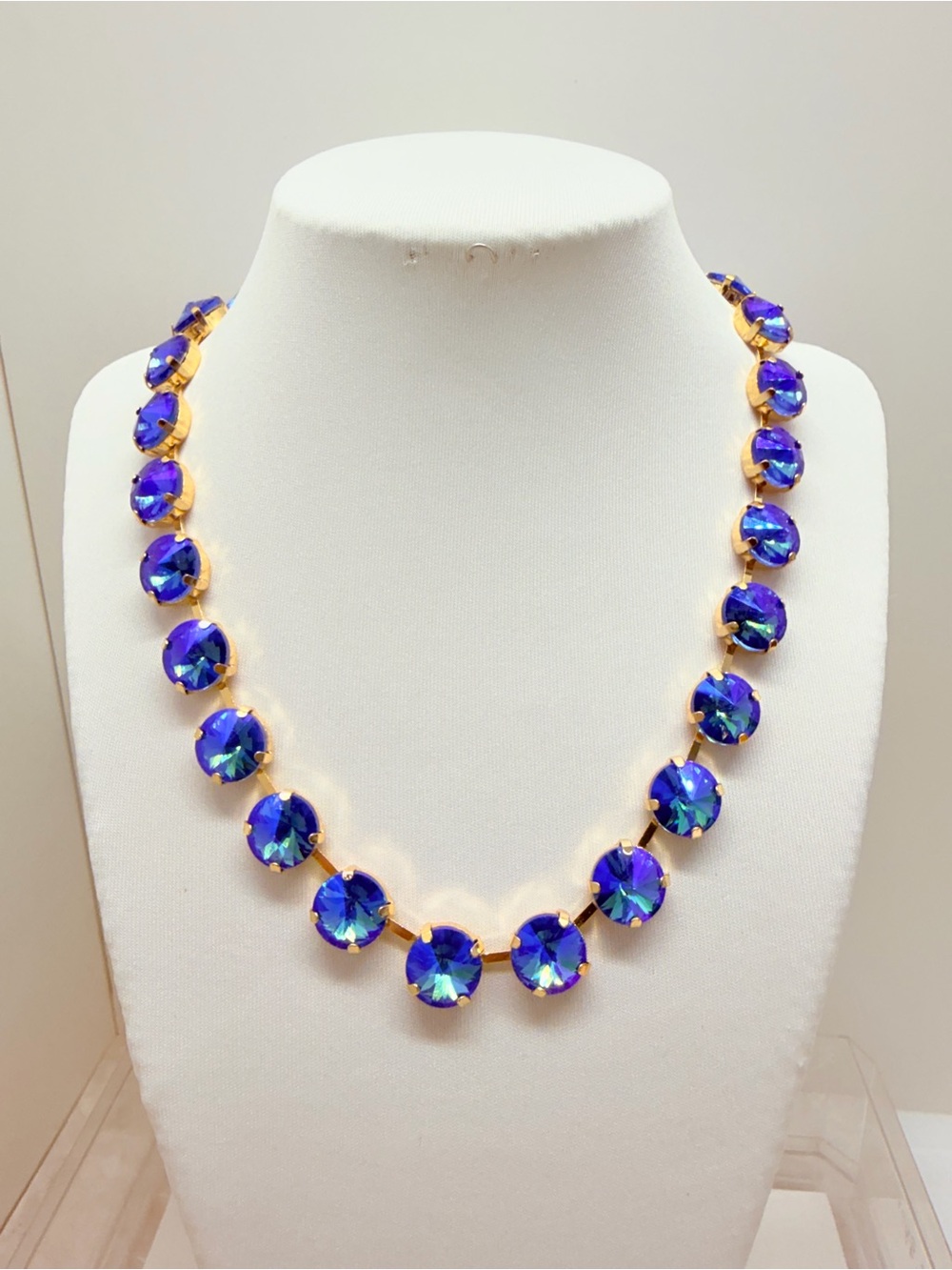 18k Gold-Plated Necklace with Iridescent Blue Crystal Stones -